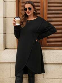 SHEIN Clasi Plus Size Solid Color Round Neck Criss-Cross Casual Versatile Women Long Sleeve Top