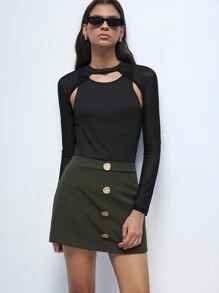 Maija Women's Elegant Olive Green Summer Asymmetrical Button Decor A-Line Skirt,High-Waisted Front Skirt Back Pants Combo,Casual City Brunch Business Attire - Army Green - View 5