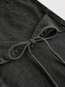 Kawaii Women's Bowknot Waist Design Loose Wide Leg Jeans, Versatile Black - Black - View 2