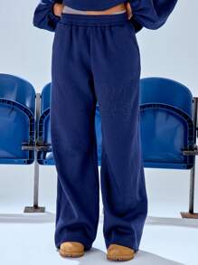 MUSERA 24" geprägte weite Bein Oversized Jogginghose, Urlaub, Sommer, Lässig, Flughafen, 4. Juli, Flughafen, Herbst, Winter, Rückkehr zur Schule - marineblau - Übersicht 5