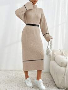 EURMUSE Color Block Mock Neck Long Sleeve Casual Dress, For Everyday Wear - Beige - View 5