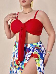 Swim Oasis Plus Size Women Oasis Three Pieces Set, Solid Color Lace-Up Spaghetti Strap Camisole & Shorts Set With Random Printed Belt & Maxi Skirt Summer