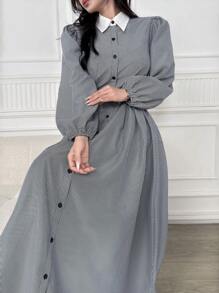 SHEIN Váy tay bồng sọc màu trơn đơn giản thoải mái cho bé gái tuổi teen - Nhiều màu - Xem 3