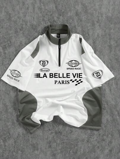 PAVTROS 男士字母与撞色拉链 Polo 衫，赛车运动风格，夏季