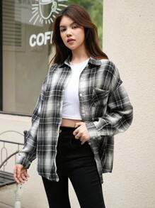 SHEIN Explorewe 青少年女孩秋冬格纹宽松休闲简约都市通勤衬衫 - 彩色 - 查看 4
