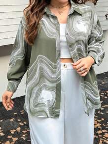 SHEIN Essnce Plus Size Linear Pattern Front Button Casual Long Sleeve Shirt - Mint Green - View 4
