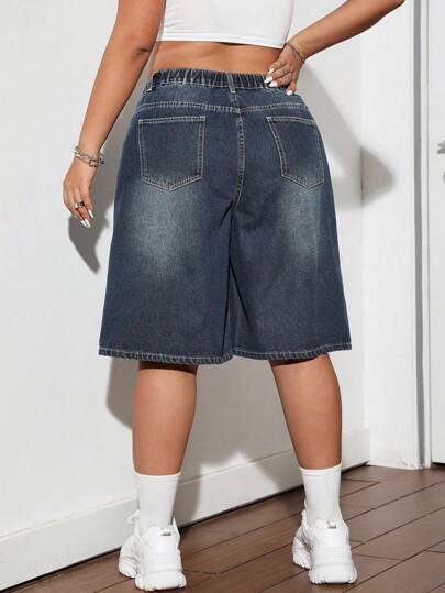 Dripcurv Blue Plus Size Denim Shorts Street Sexy Loose Pants Y2k Diagonal Pocket Denim Capris