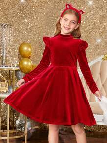 Tween Girl Solid Color Velvet Knit Ruffle Trim Long Sleeve Red Dress, Suitable For Kid Christmas - Red - View 4