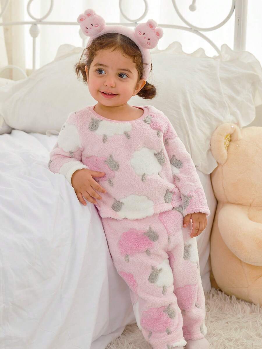 SHEIN 2 件套女婴可爱简约绵羊图案套头衫圆领长袖上衣和长裤，柔软舒适法兰绒家居服和睡衣套装女婴睡衣