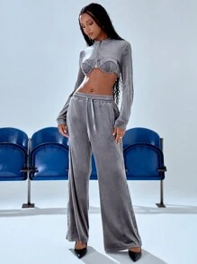 MUSERA Pantalon large en velours à cordon de serrage, chic élégant pour les vacances d'été et l'aéroport - Gris - Voir 6