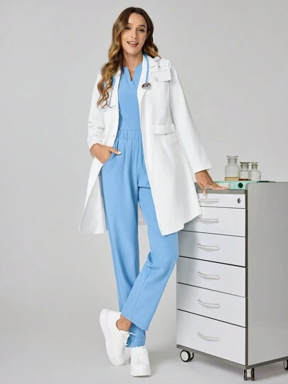 TaskEZ معطف طبي طويل الأكمام أحادي اللون مع جيب، معطف أبيض للنساء