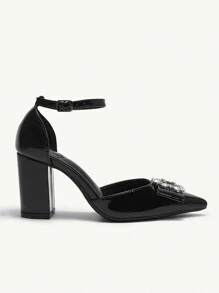 CUCCOO CHICEST Women's V-Cut Low Vamp Criss-Cross Strap Elegant Pointed Toe Buckle Belt Decor Metal PU Leather High Heel Shoes, Spring & Summer New Arrival For Christmas And New Year Holiday Vibe Fall And Winter - Black - View 5