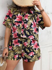 SHEIN LUNE 加大码圣诞休闲度假花卉印花开襟衬衫两件套，清凉连衣裙，减压装，长款晚礼服，优雅时尚女士家居服 - 彩色 - 查看 4