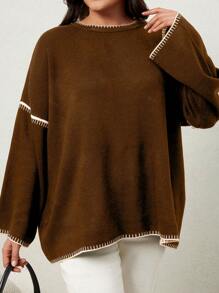 EURMUSE Plus Fall & Winter Causal Contrast Trim Drop Shoulder Sweater - Brown - View 5