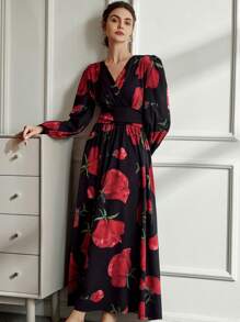 Aveloria EMERY ROSE Vestido de manga larga con cuello en V vintage, volantes en la cintura, manga abullonada y estampado aleatorio, para el Día de San Valentín, primavera y verano, para fiestas y vacaciones - Multicolor - Ver 5