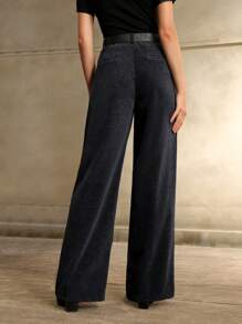 Anewsta Korean Style Loose Waist High Waist Versatile Draping Casual Corduroy Straight Leg Pants, Navy Blue