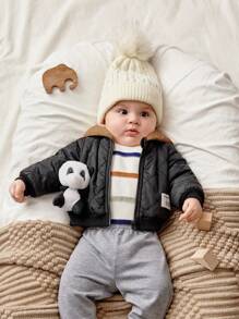 SHEIN 新生男婴/女婴可爱字母贴片毛绒衬里拉链连帽绗缝夹克，厚保暖衬里，适合秋冬季 - 藏蓝色 - 查看 5