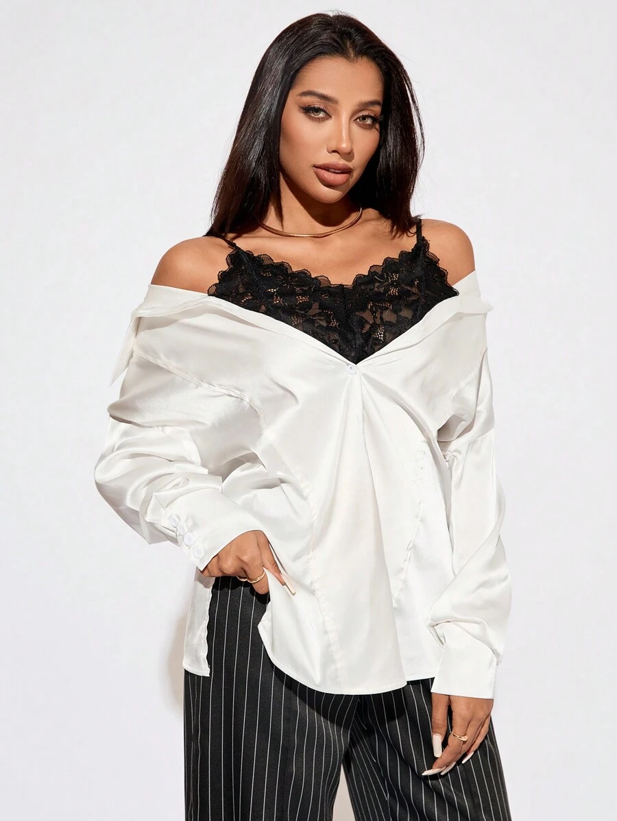 SHEIN SXY 优雅女士黑色蕾丝吊带背心搭配白色衬衫，秋冬 - 白色 - 查看 1