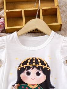 SHEIN 2 件套女孩中东束腰外衣 Abaya Kaftan Jalabiya 斋月卡通女孩印花紫红色玫瑰花卉褶皱裤和白色盖袖 T 恤、红色阔腿裤，春夏舒适服装 - 彩色 - 查看 4