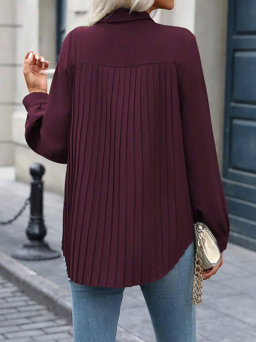 EMERY ROSE 女士纯色休闲/办公室通勤领衬衫，前开衩，后背褶皱，弧形下摆，长袖，适合春秋季节 - 紫紅色 - 查看 1