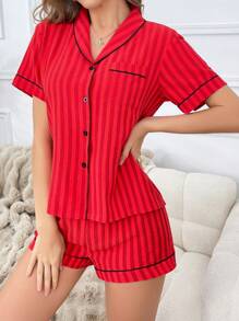 Women's Contrast Trim Ruched Striped Short Sleeve Shorts Pajama Set