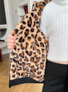 SHEIN Serisse Kids 青少年女孩温暖休闲连帽衫宽松泰迪羊毛豹纹双面可翻转动物印花蓬松冬季夹克/外套，秋冬保暖，日常穿着