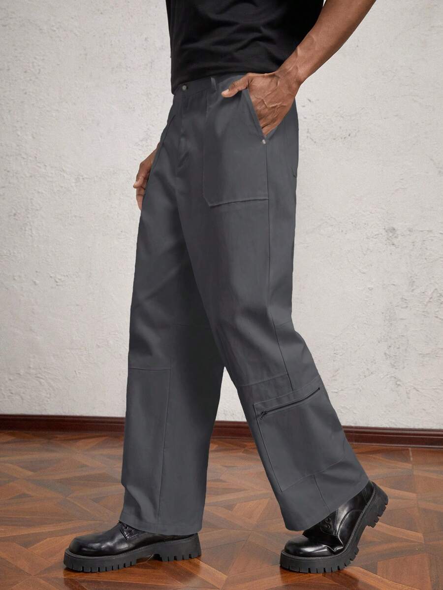 AKNOTIC Business Casual Quần dài ống đứng dệt rộng rãi cho nam, thích hợp mặc hàng ngày, mùa thu - Xám - Xem 1