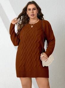 Calvaya Plus Size Women Knit Crew Neck Long Sleeve Chunky Loose Casual Sweater Dress, Autumn/Winter - Redwood - View 7