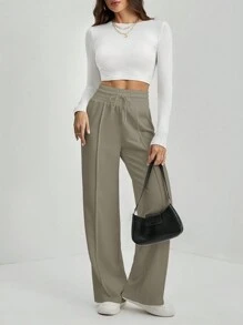 SHEIN Tall Pantalón de chándal de pierna ancha con cordón a la cintura - Caqui - Ver 5