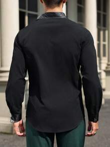 Manfinity Mode Men's Solid Color Button Front Long Sleeve Pocket Casual Shirt - Black - View 2