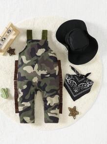 SHEIN 3 件套西部女牛仔牛印花工装裤，搭配棕色仿麂皮牛仔帽和传统几何印花围巾，俏皮狂野风格 - 彩色 - 查看 2