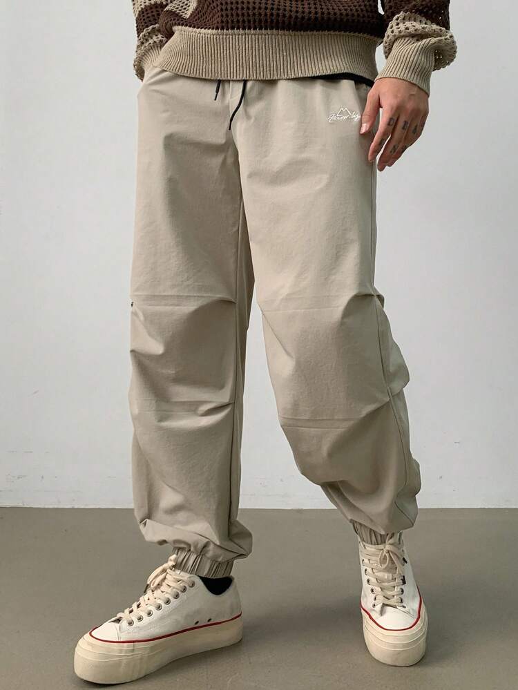 Men's Front Lace-Up Pocket Letter Print Casual Pants, Simple Daily Wear Men Joggers