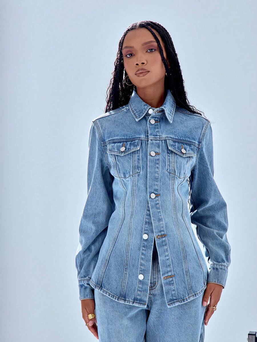 MUSERA Cinched Waist Button Up Denim Jacket - Blue - View 1