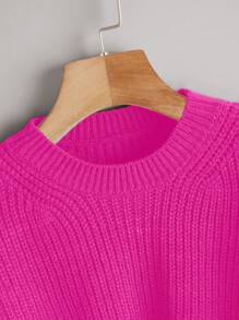 Chiquease Women's Plain Crew Neck Long Sleeve Casual Pullover Sweater - Hot Pink - View 3