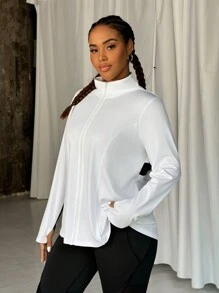 Easithlete 大码女式纯色长袖前拉链日常健身运动夹克