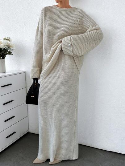 EURMUSE Plus Women Solid Color Chunky Sweater & Sweater Skirt Set