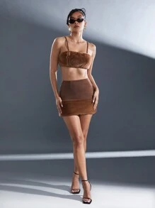 Hauture Women Plain Color Furry Patchwork Minimalist Skirt, Casual Everyday Wear