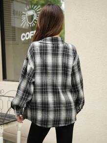 SHEIN Explorewe 青少年女孩秋冬格纹宽松休闲简约都市通勤衬衫 - 彩色 - 查看 2