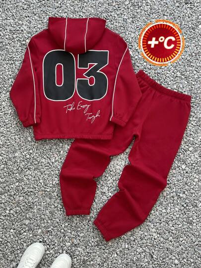 SHEIN Leap Crew 2 件套青少年男孩休闲舒适连帽运动衫和慢跑裤，学院风，百搭，柔软羊毛面料，适合日常穿着、上学、旅行、健身、秋冬，数字和字母印花