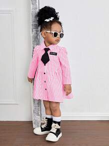 SHEIN 女婴梭织长袖条纹领合身休闲连衣裙（不含领带） - 玫紅色 - 查看 3