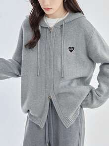 Casual Hooded Zip-Up Cardigan With Embroidery Design On Front - Grey - View 5