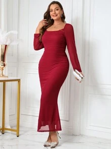 SHEIN Clasi Plus Size Women Square Neck Long Sleeve Mermaid Hem Slim Fit Elegant Dress - Burgundy - View 10