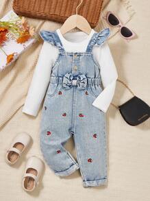 Quần yếm denim dây ren thêu họa tiết quả anh đào màu xanh nhạt cho bé gái, thiết kế thời trang đơn giản, thích hợp mặc hàng ngày - Rửa nhẹ - Xem 1