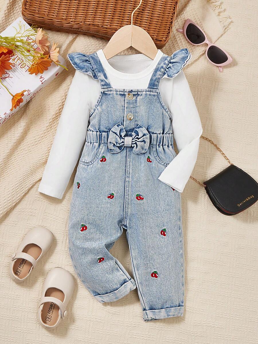 Quần yếm denim dây ren thêu họa tiết quả anh đào màu xanh nhạt cho bé gái, thiết kế thời trang đơn giản, thích hợp mặc hàng ngày - Rửa nhẹ - Xem 1