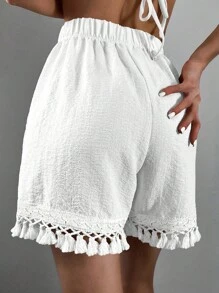 SHEIN Swim Tassel Trim Cover Up Shorts,Summer Beach - White - View 2
