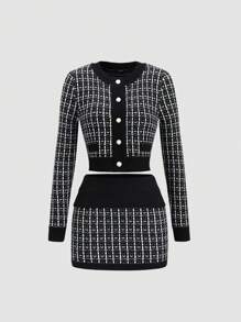 SHEIN Unity 女士休闲格子开衫和毛衣搭配裙子 2 件套，秋季 - 黑色 - 查看 1