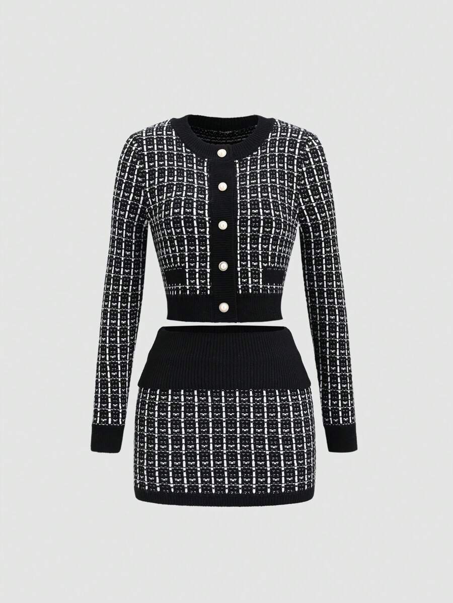 SHEIN Unity 女士休闲格子开衫和毛衣搭配裙子 2 件套，秋季 - 黑色 - 查看 1