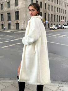 EURMUSE Abrigo largo tipo teddy de unicolor para mujeres, elegante chaqueta de manga larga para otoño/invierno - Beis - Ver 2