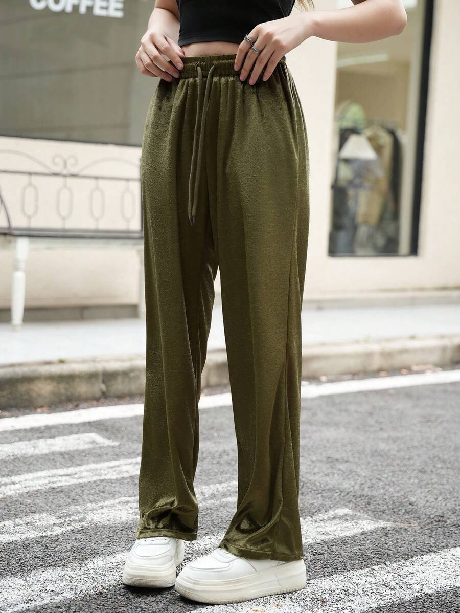 SHEIN Teenager Mädchen (10-16 Jahre) Samt Lässig Hose, Stilvoll & Elegant, Herbst/Winter 2024 - Armeegrün - Übersicht 1