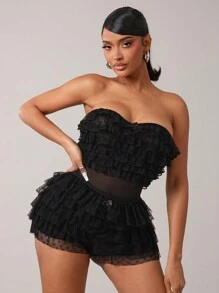 SHEIN SXY 性感分层蕾丝荷叶边紧身衣 - 黑色 - 查看 1